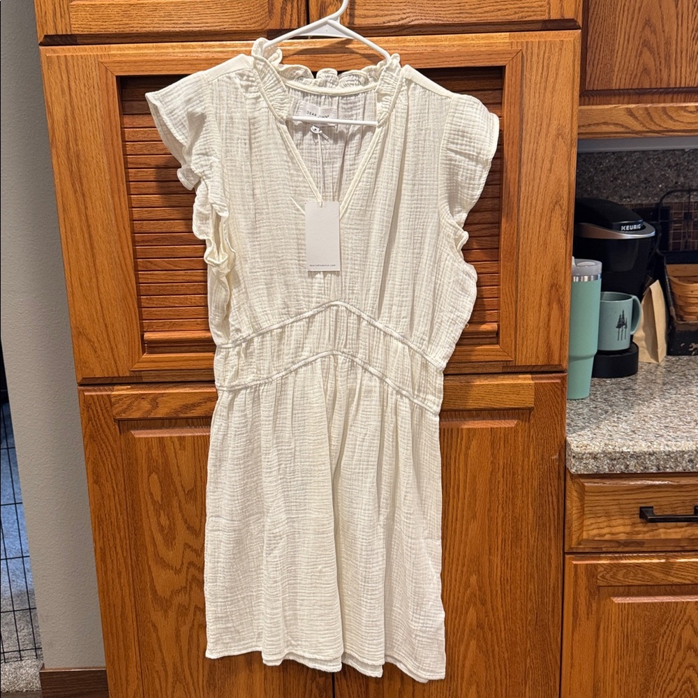 Dear John Cream Mini Dress with Ruffle Sleeves